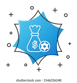 White line Jewish money bag with star of david and coin icon isolated on white background. Currency symbol. Blue hexagon button. Vector Illustration