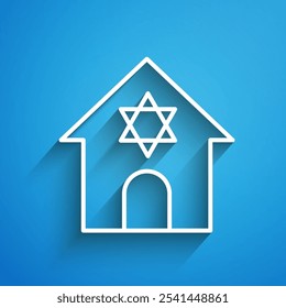 White line Jewish synagogue building or jewish temple icon isolated on blue background. Hebrew or judaism construction with David star. Long shadow. Vector