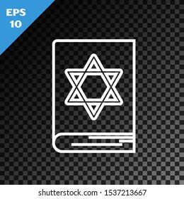 White line Jewish torah book icon isolated on transparent dark background. Pentateuch of Moses. On the cover of the Bible is the image of the Star of David.  Vector Illustration