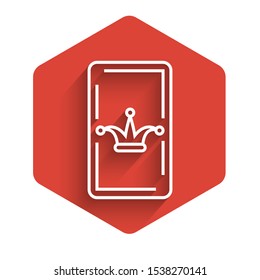 White line Joker playing card icon isolated with long shadow. Casino gambling. Red hexagon button. Vector Illustration
