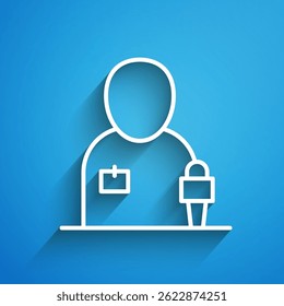 White line Journalist news reporter with microphone icon isolated on blue background. Long shadow. Vector