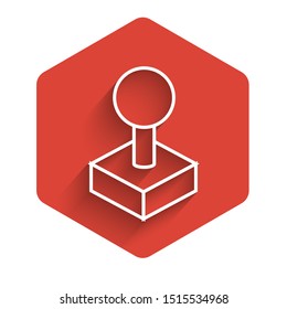 White line Joystick for arcade machine icon isolated with long shadow. Joystick gamepad. Red hexagon button. Vector Illustration
