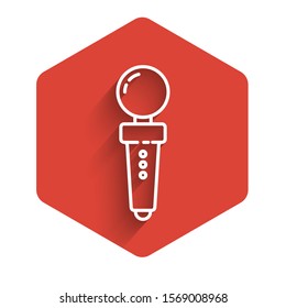 White line Joystick for arcade machine icon isolated with long shadow. Joystick gamepad. Red hexagon button. Vector Illustration