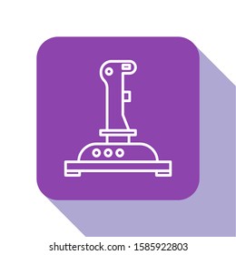 White line Joystick for arcade machine icon isolated on white background. Joystick gamepad. Purple square button. Vector Illustration