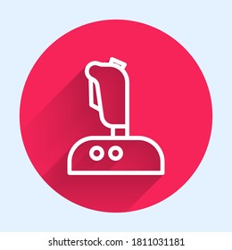 White line Joystick for arcade machine icon isolated with long shadow. Joystick gamepad. Red circle button. Vector Illustration