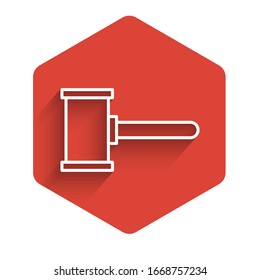 White line Judge gavel icon isolated with long shadow. Gavel for adjudication of sentences and bills, court, justice. Auction hammer. Red hexagon button. Vector Illustration