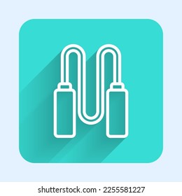 White line Jump rope icon isolated with long shadow. Skipping rope. Sport equipment. Green square button. Vector Illustration