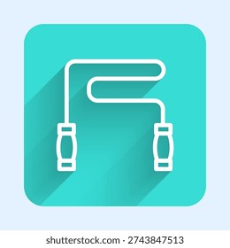White line Jump rope icon isolated with long shadow. Skipping rope. Sport equipment. Green square button. Vector
