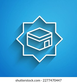 White line Kaaba mosque icon isolated on blue background. Kaaba hajj Mecca pray pilgrimage Ramadan Islam muslim mosque. Long shadow. Vector