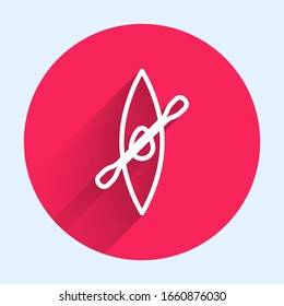 White line Kayak and paddle icon isolated with long shadow. Kayak and canoe for fishing and tourism. Outdoor activities. Red circle button. Vector Illustration