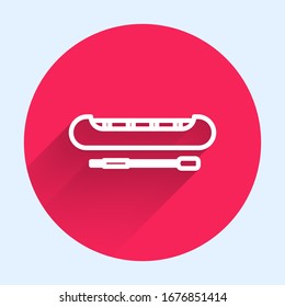 White line Kayak and paddle icon isolated with long shadow. Kayak and canoe for fishing and tourism. Outdoor activities. Red circle button. Vector Illustration
