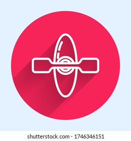 White line Kayak and paddle icon isolated with long shadow. Kayak and canoe for fishing and tourism. Outdoor activities. Red circle button. Vector Illustration