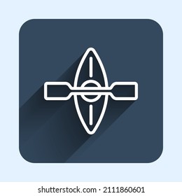 White line Kayak and paddle icon isolated with long shadow background. Kayak and canoe for fishing and tourism. Outdoor activities. Blue square button. Vector