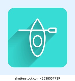 White line Kayak and paddle icon isolated with long shadow background. Kayak and canoe for fishing and tourism. Outdoor activities. Green square button. Vector