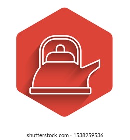 White line Kettle with handle icon isolated with long shadow. Teapot icon. Red hexagon button. Vector Illustration