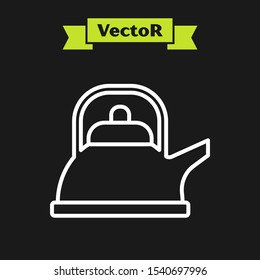 White line Kettle with handle icon isolated on black background. Teapot icon.  Vector Illustration