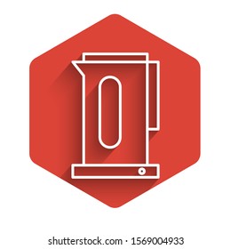 White line Kettle with handle icon isolated with long shadow. Teapot icon. Red hexagon button. Vector Illustration