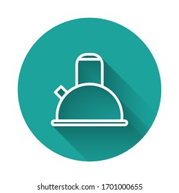 White line Kettle with handle icon isolated with long shadow. Teapot icon. Green circle button. Vector Illustration