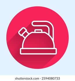 White line Kettle with handle icon isolated with long shadow. Teapot icon. Red circle button. Vector