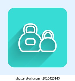 White line Kettlebell icon isolated with long shadow. Sport equipment. Green square button. Vector