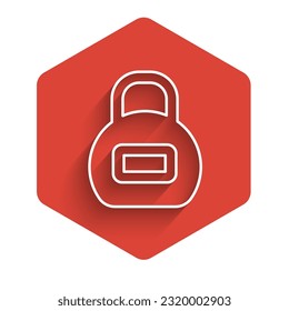 White line Kettlebell icon isolated with long shadow. Sport equipment. Red hexagon button. Vector
