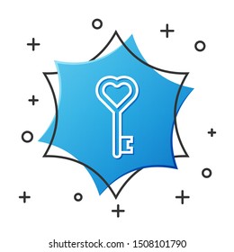 White line Key in heart shape icon isolated on white background. Blue hexagon button. Vector Illustration