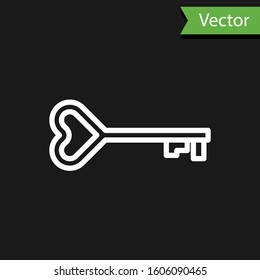 White line Key in heart shape icon isolated on black background. Valentines day symbol.  Vector Illustration