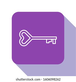 White line Key in heart shape icon isolated on white background. Valentines day symbol. Purple square button. Vector Illustration