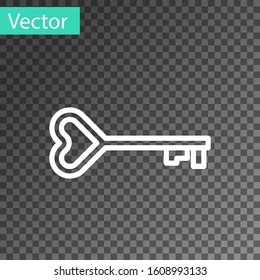 White line Key in heart shape icon isolated on transparent background. Valentines day symbol.  Vector Illustration
