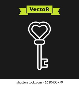 White line Key in heart shape icon isolated on black background.  Vector Illustration