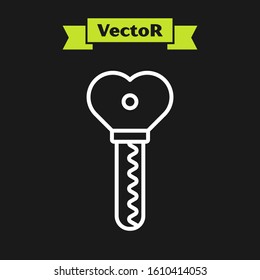 White line Key in heart shape icon isolated on black background. Valentines day.  Vector Illustration