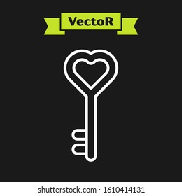 White line Key in heart shape icon isolated on black background. Valentines day.  Vector Illustration