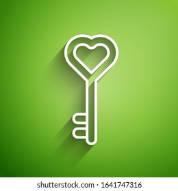 White line Key in heart shape icon isolated on green background. Valentines day.  Vector Illustration