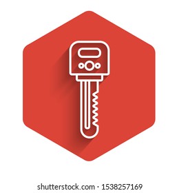 White line Key icon isolated with long shadow. Red hexagon button. Vector Illustration