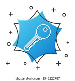 White line Key icon isolated on white background. Blue hexagon button. Vector Illustration