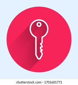 White line Key icon isolated with long shadow. Red circle button. Vector Illustration