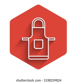 White line Kitchen apron icon isolated with long shadow. Chef uniform for cooking. Red hexagon button. Vector Illustration