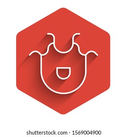 White line Kitchen apron icon isolated with long shadow. Chef uniform for cooking. Red hexagon button. Vector Illustration