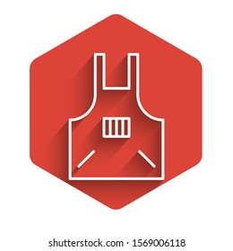 White line Kitchen apron icon isolated with long shadow. Chef uniform for cooking. Red hexagon button. Vector Illustration