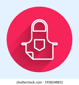 White line Kitchen apron icon isolated with long shadow. Chef uniform for cooking. Red circle button. Vector