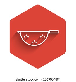 White line Kitchen colander icon isolated with long shadow. Cooking utensil. Cutlery sign. Red hexagon button. Vector Illustration