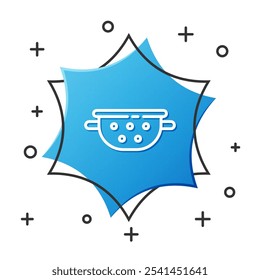 White line Kitchen colander icon isolated on white background. Cooking utensil. Cutlery sign. Blue hexagon button. Vector