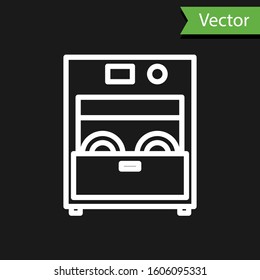 White line Kitchen dishwasher machine icon isolated on black background.  Vector Illustration