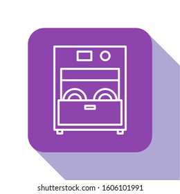 White line Kitchen dishwasher machine icon isolated on white background. Purple square button. Vector Illustration