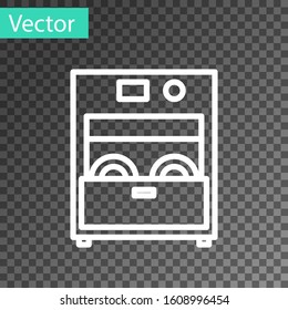 White line Kitchen dishwasher machine icon isolated on transparent background.  Vector Illustration