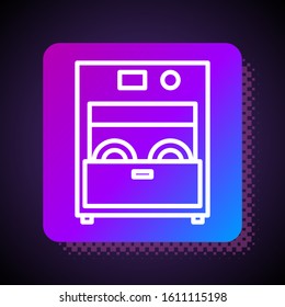 White line Kitchen dishwasher machine icon isolated on black background. Square color button. Vector Illustration