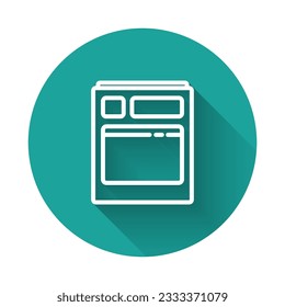 Línea blanca Icono de lavavajillas de cocina aislado con sombra larga. Botón Círculo verde. Ilustración vectorial
