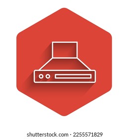 Línea blanca Icono del ventilador del extractor de cocina aislado con sombra larga. Cubierta de cocina. El escape de la cocina. Aparato doméstico. Botón hexágono rojo. Vector