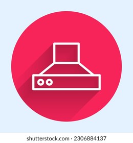 White line Kitchen extractor fan icon isolated with long shadow. Cooker hood. Kitchen exhaust. Household appliance. Red circle button. Vector