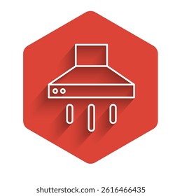 White line Kitchen extractor fan icon isolated with long shadow. Cooker hood. Kitchen exhaust. Household appliance. Red hexagon button. Vector